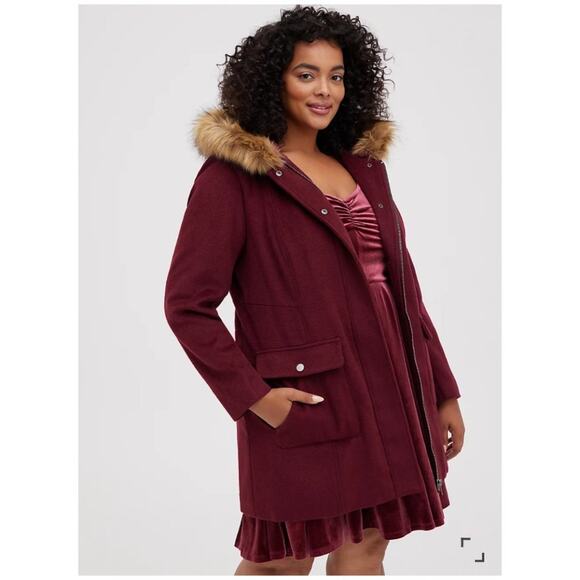 Torrid Wool Faux Fur Hooded Deep Red Zip Front Coat - Picture 5 of 16